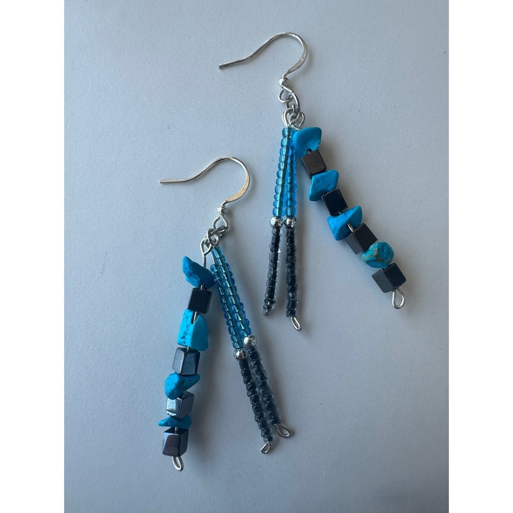 Handmade Turquoise Stone Hematite Cube Dangle Earrings Blue Black Beaded Boho